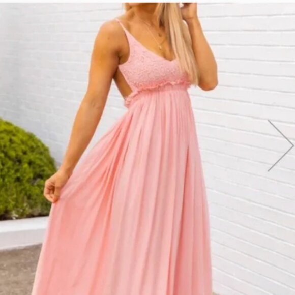 Pink Lily "Once in a Lifetime" Backless Crochet‎ Top Maxi Dress Pink Stretch S - Picture 1 of 11
